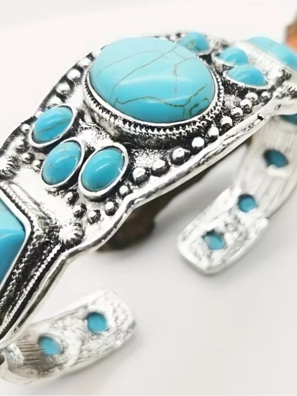 Inspired vintage Turquoise Stone Silver-Tone Cuff Bracelet - Women Jewelry